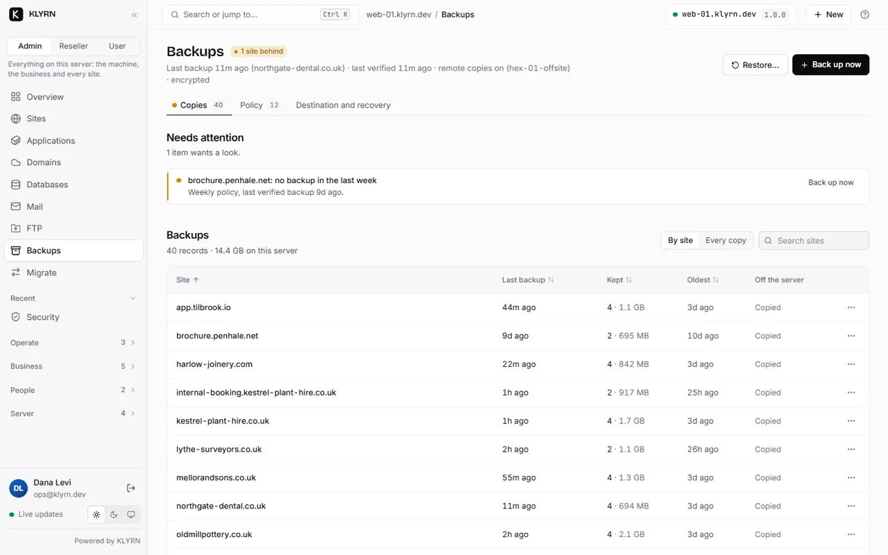 Backups listed by site: last backup, copies kept, the oldest, and whether each is copied off the server.