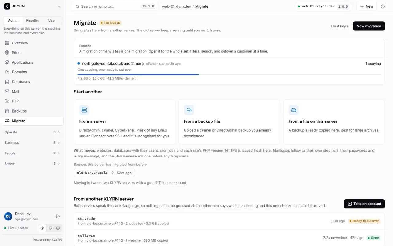 The Migrate page: one migration in progress and three ways to start another.