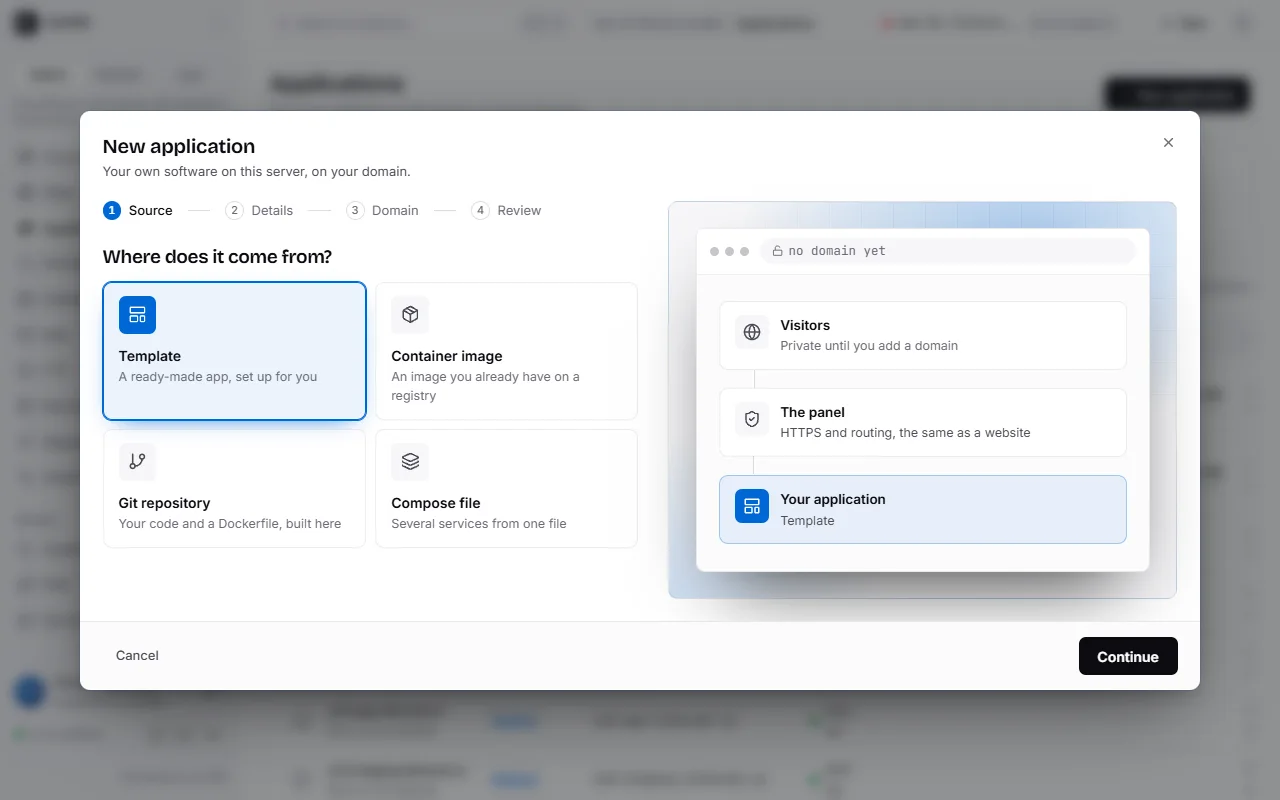 Creating an application: a choice between a template, a container image, a Git repository and a Compose file.