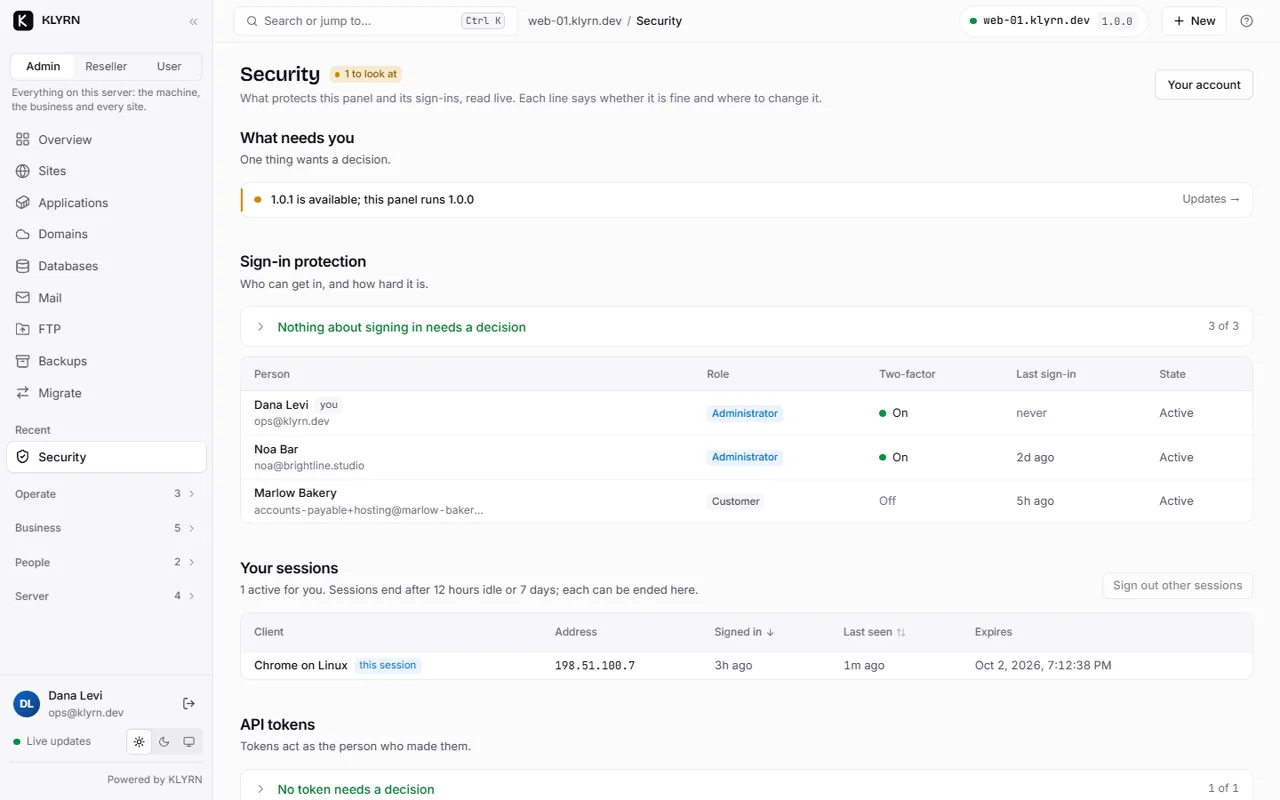 The Security page: what needs you, sign-in protection, sessions and API tokens.