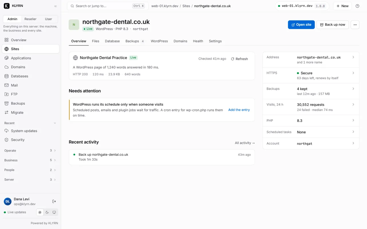 One site: its status line, what needs attention, and its facts.