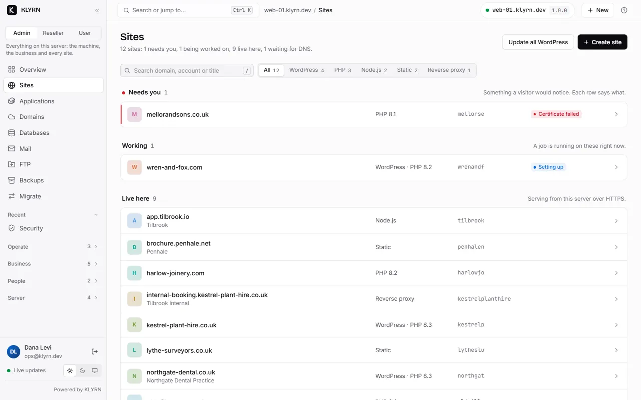 The sites list grouped by stage: needs you, working, and live.