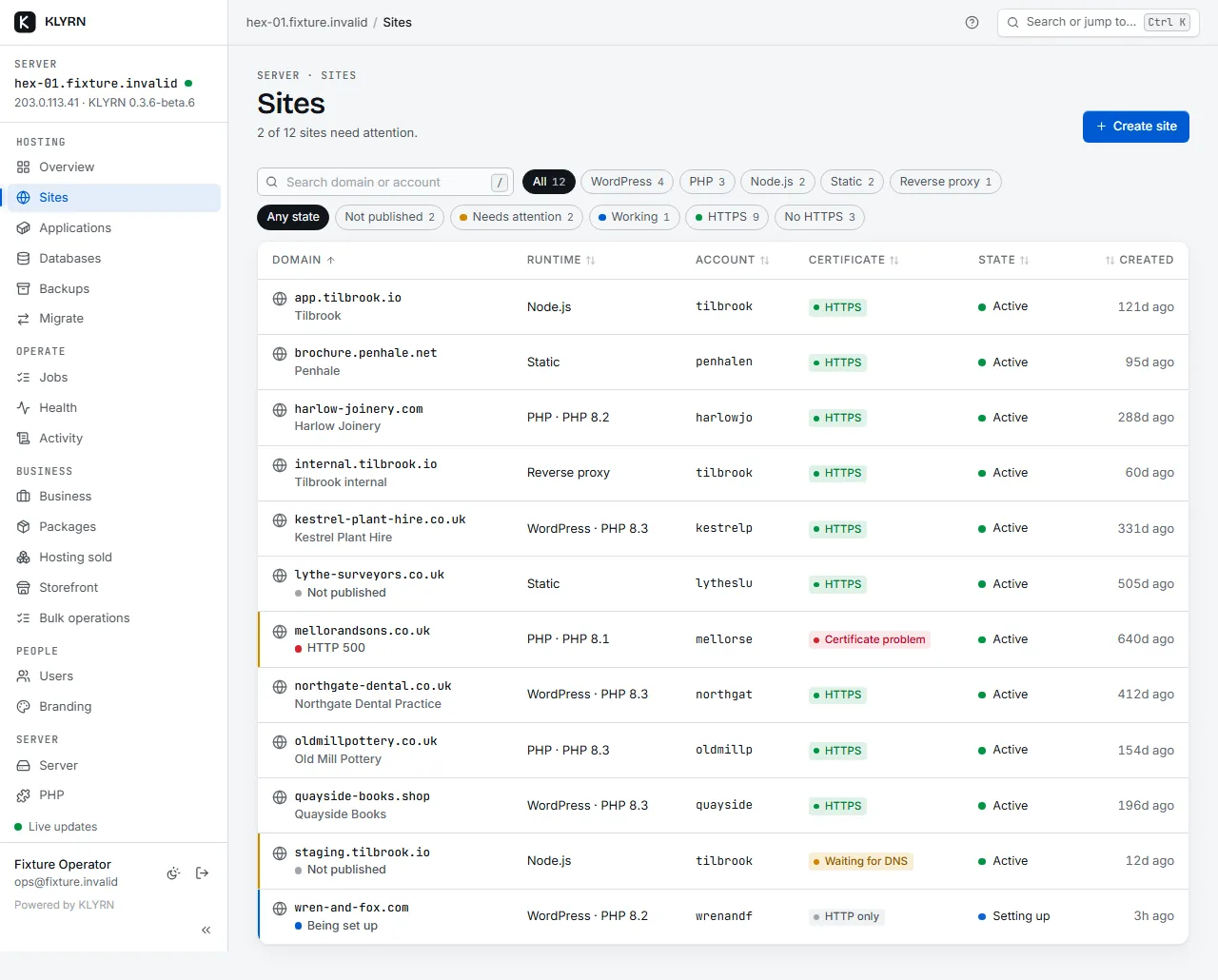 The Sites list: twelve sites across WordPress, PHP, Node.js, static and reverse proxy, five PHP versions in use at once. Three rows carry a coloured stripe and a reason: one HTTP 500 with a certificate problem, one waiting for DNS, one still being set up.
