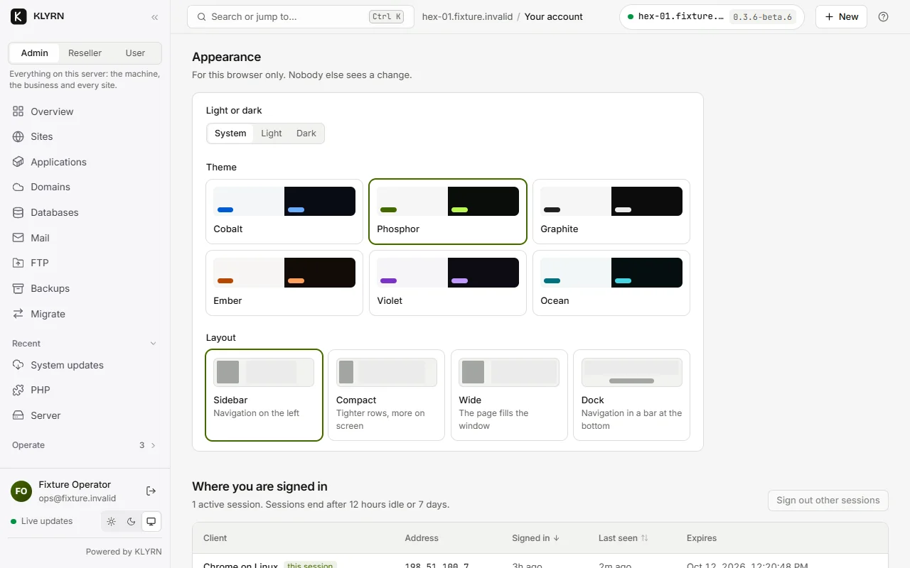 The Appearance settings: six colour themes and four layouts.