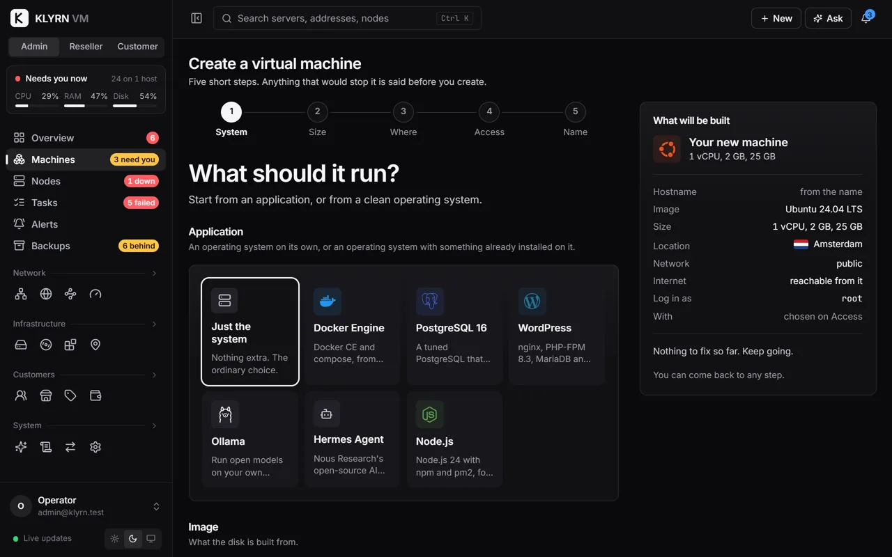 The first step of creating a machine: choosing an application and an operating system.