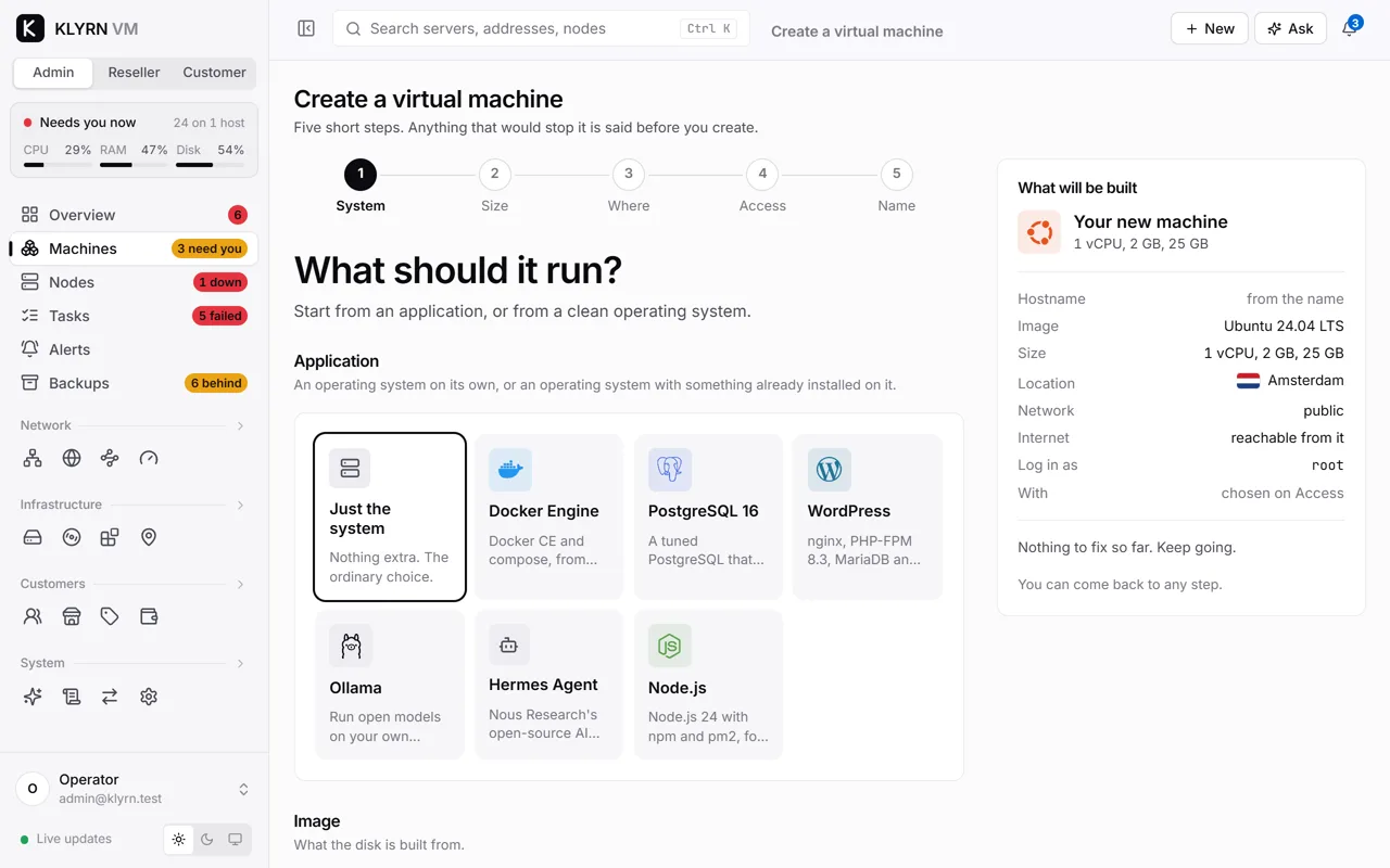 The first step of creating a machine: choosing an application and an operating system.
