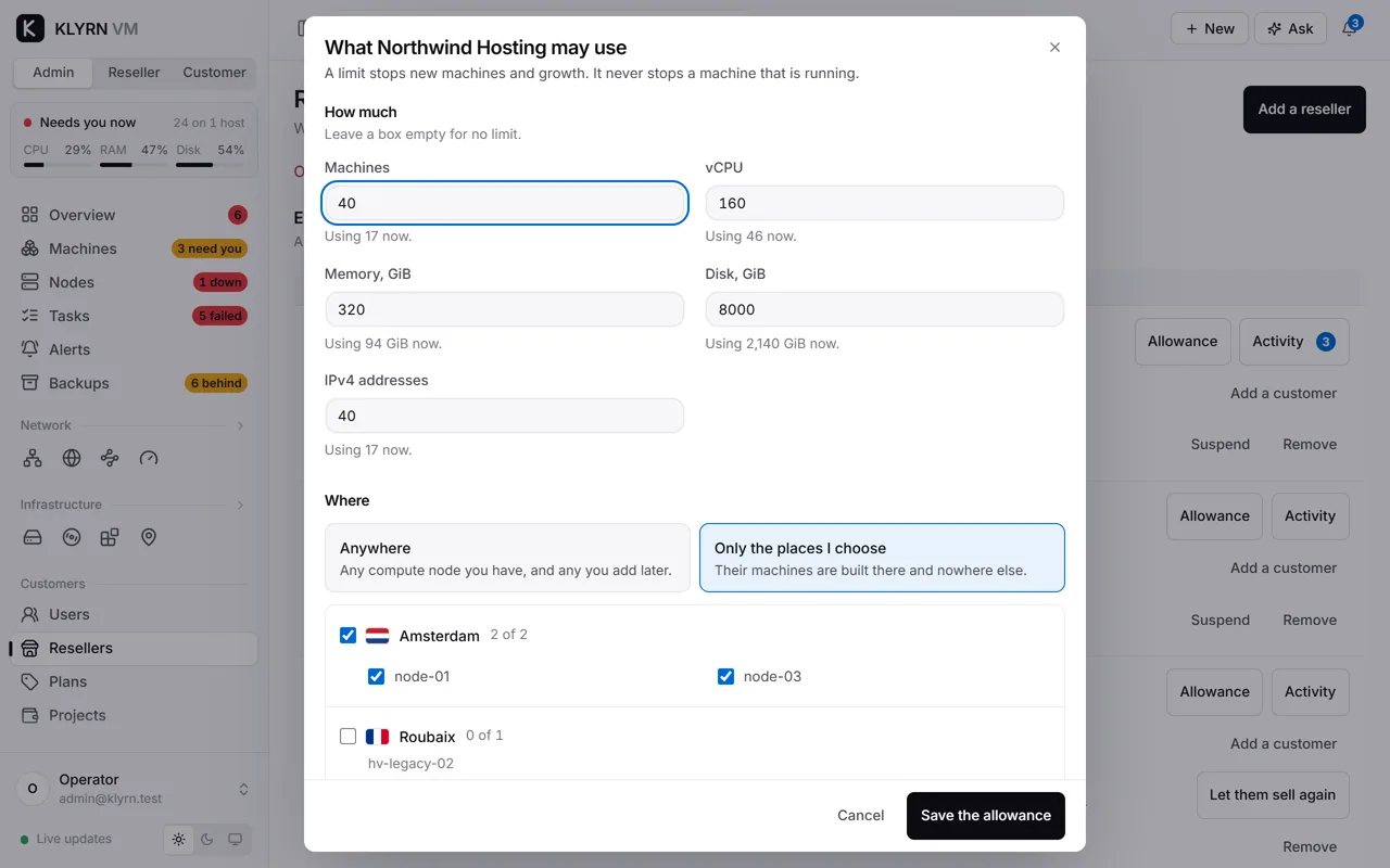 The allowance for one reseller in KLYRN VM: boxes for machines, processors, memory, disk and IPv4 addresses, and a list of locations with Amsterdam chosen.