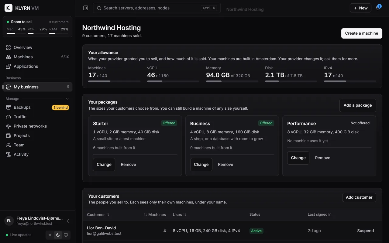 A reseller's own page in KLYRN VM: their allowance, how much of it is sold, and their customers.