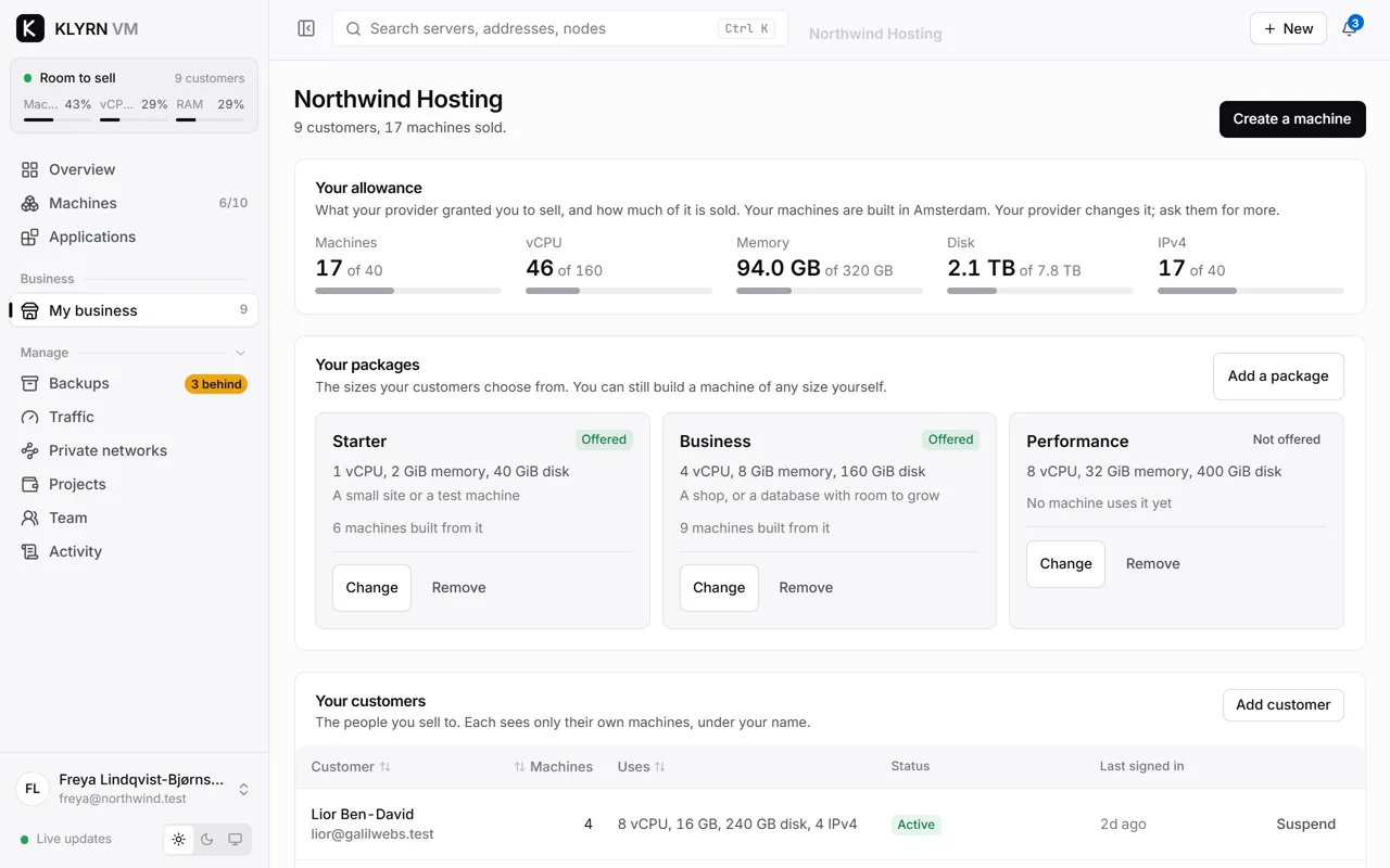 A reseller's own page in KLYRN VM: their allowance, how much of it is sold, and their customers.